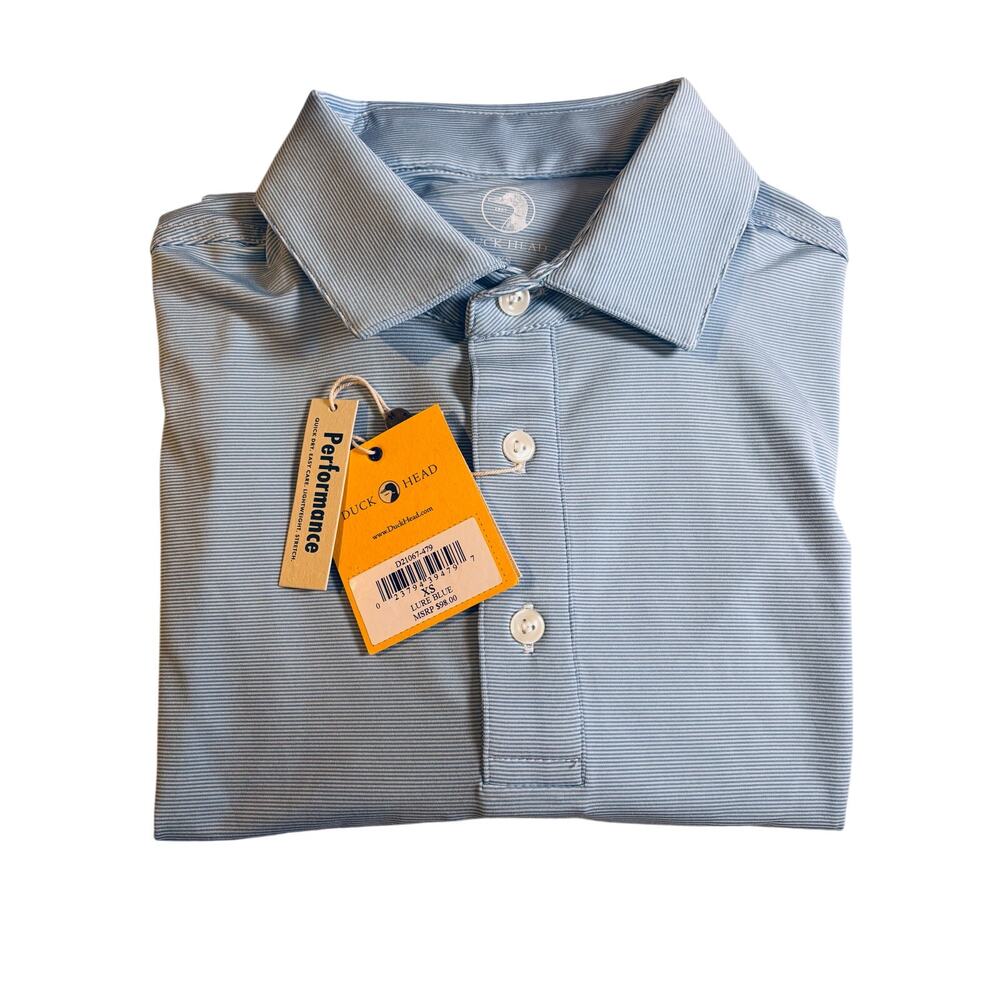 Mens XS Duck Head Chapman Stripe Performance Polo Sky Blue NEW! Golf LOGO!